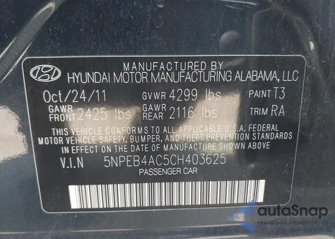 2012 Hyundai Sonata Gls Pzev из США, поврежденный, VIN 5NPEB4AC5CH403625